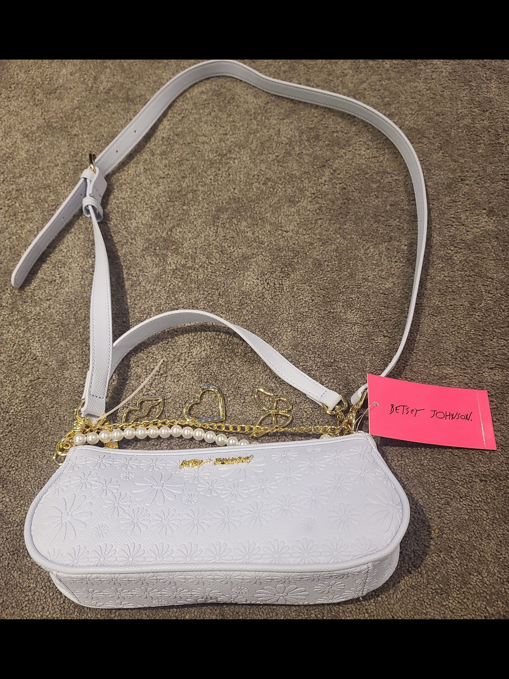 Betsey Johnson Light Blue Floral Embossed Shoulder Bag with Pearl & Gold Accents